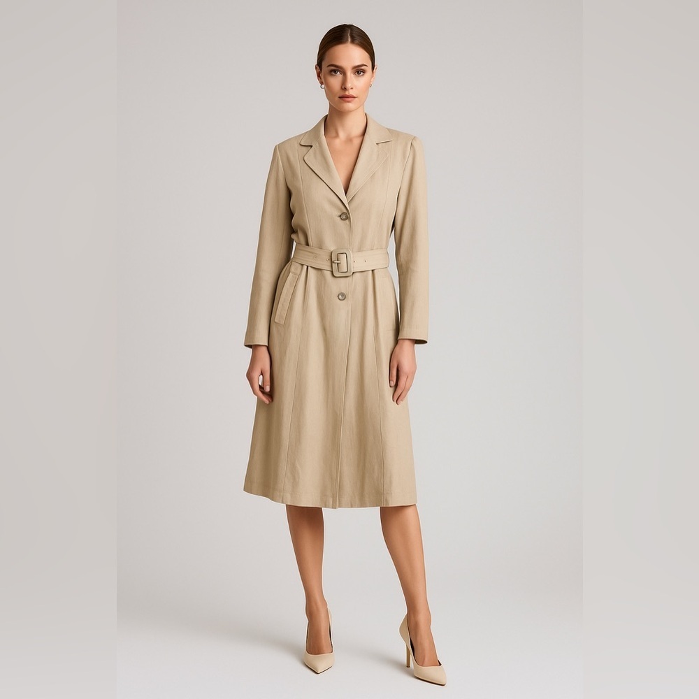 Beige Silk Linen‎ Belted Coat Dress Lined Womens Long Jacket Classic Sz 6